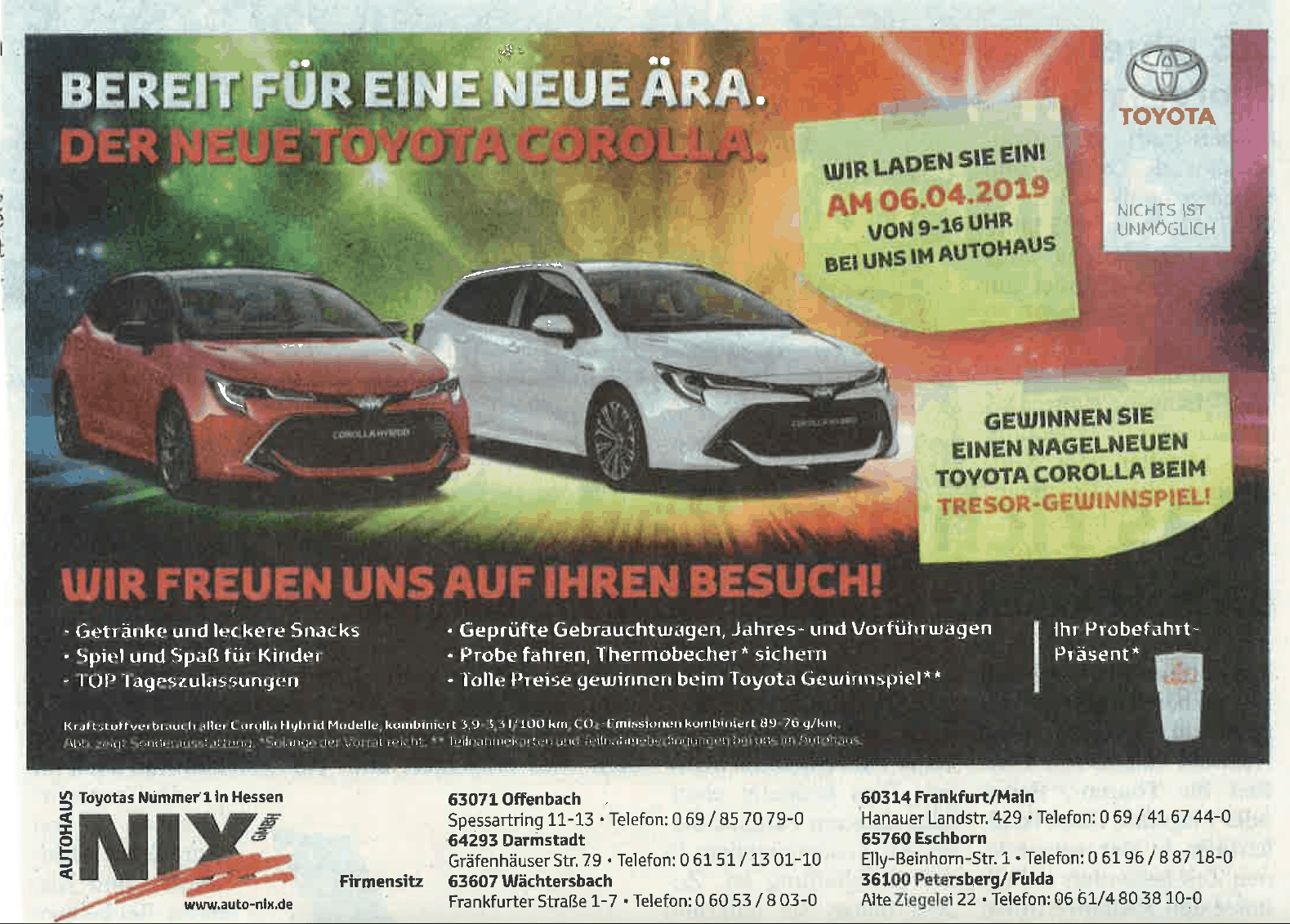 Autohaus NIX Tresor-Gewinnspiel Zeitungsanzeige